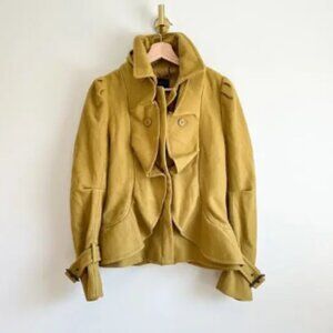 BCBGMAXAZRIA Wool-Cashmere Ruffle Zip Up Pea Coat Green Ochre S